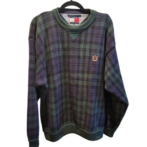 Vintage Tommy Hilfiger Crew Neck Blue & Green Plaid Mens Sweater Size Large